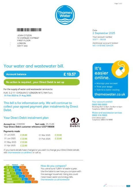 download United Kingdom Thames Water utility bill template in PSD format, version 2 photoshop template